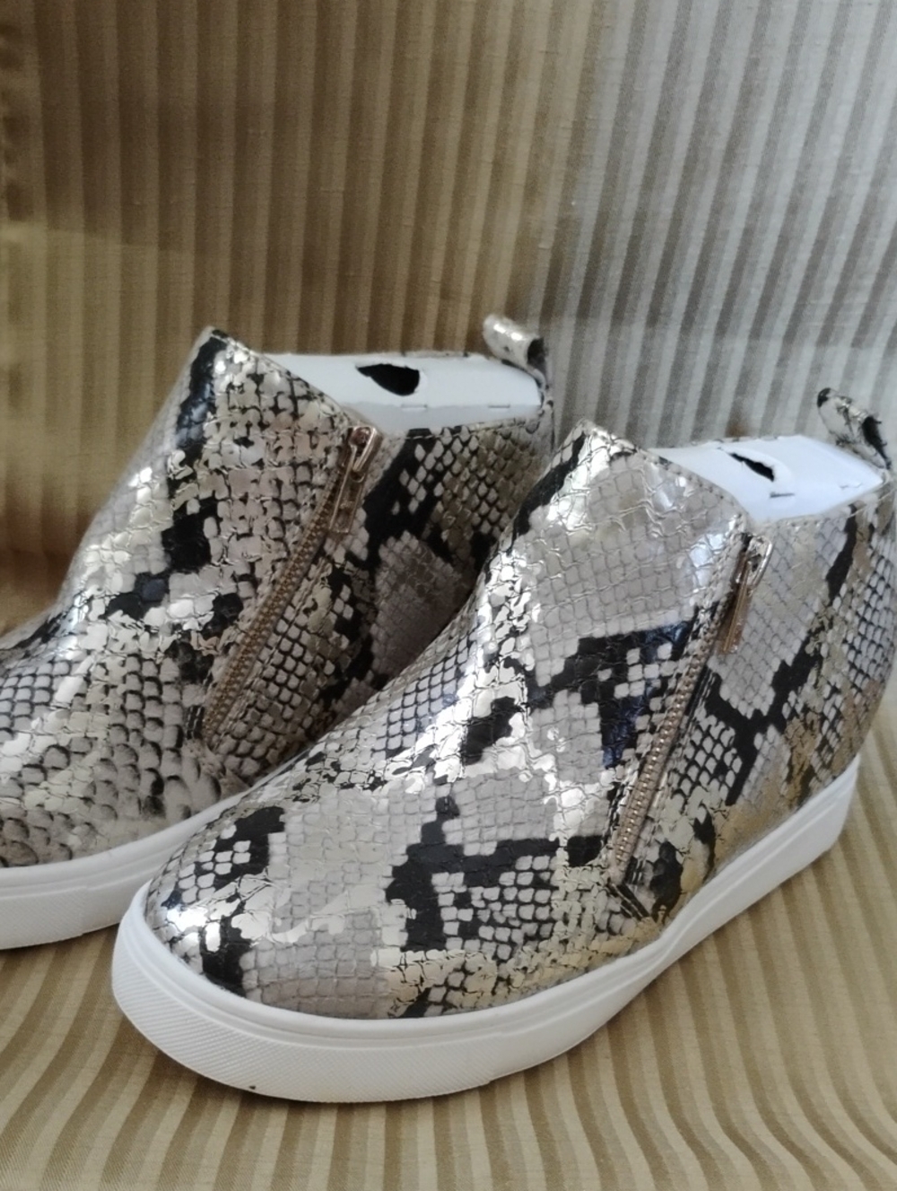 Time and Tru Metallic Snake-Print Wedge Slip-On Sneakers - Gold & Black